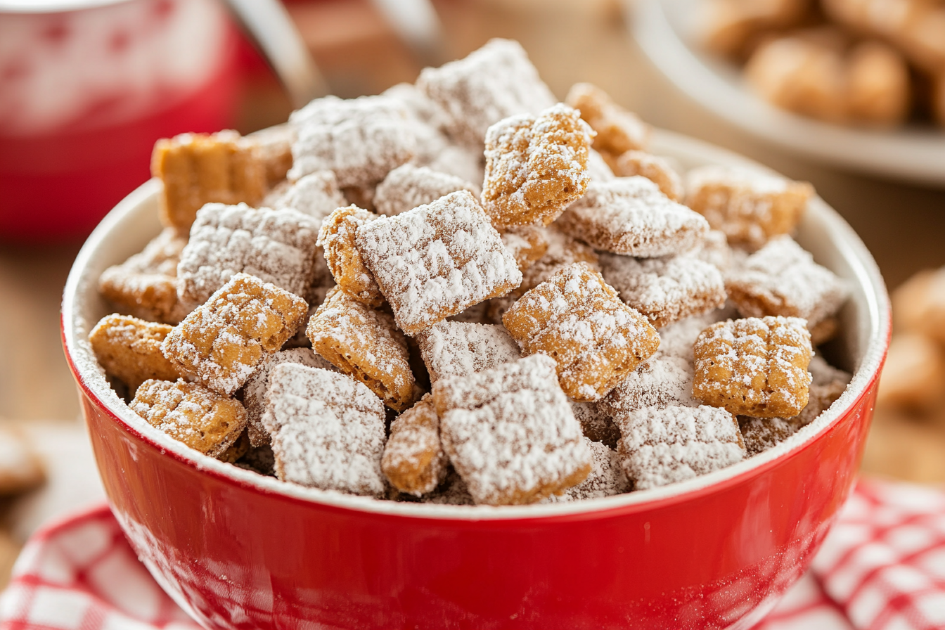 Close-up of a bowl filled with classic Muddy Buddies snack mix, dusted with powdered sugar