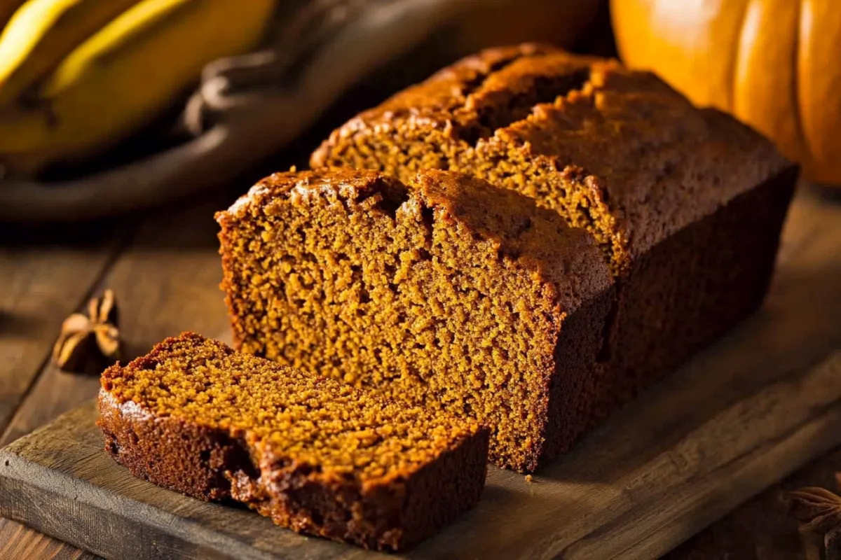 Close-up of a sliced pumpkin banana bread on a rustic cutting board