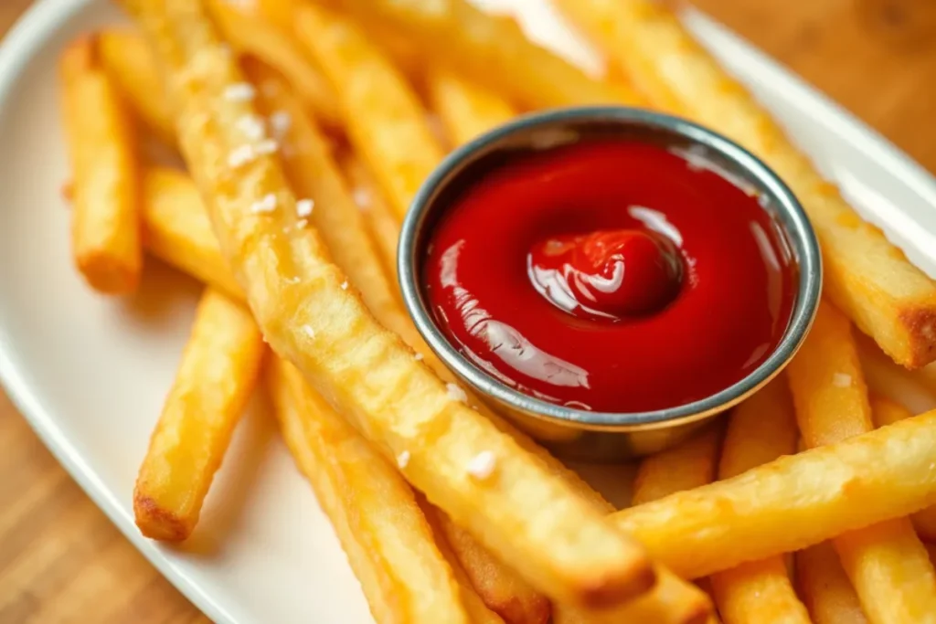 Plate of French fries served with ketchup