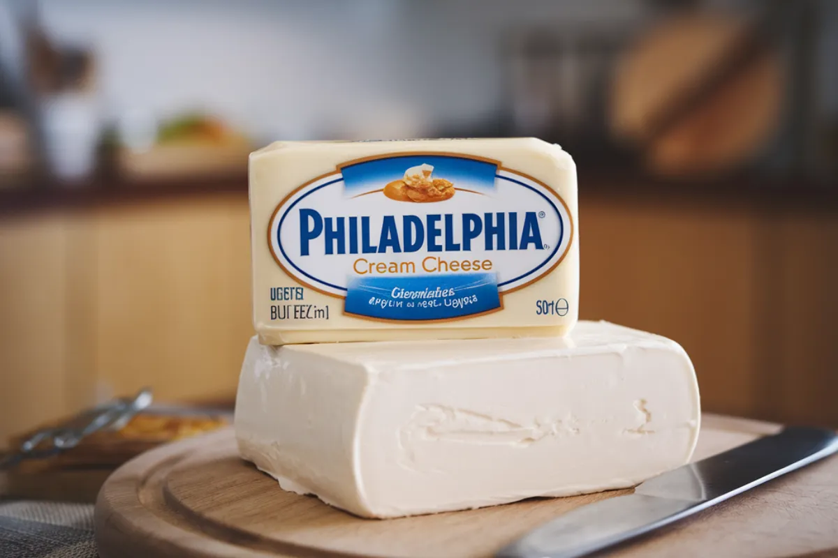 Philadelphia cream cheese block on a cutting board