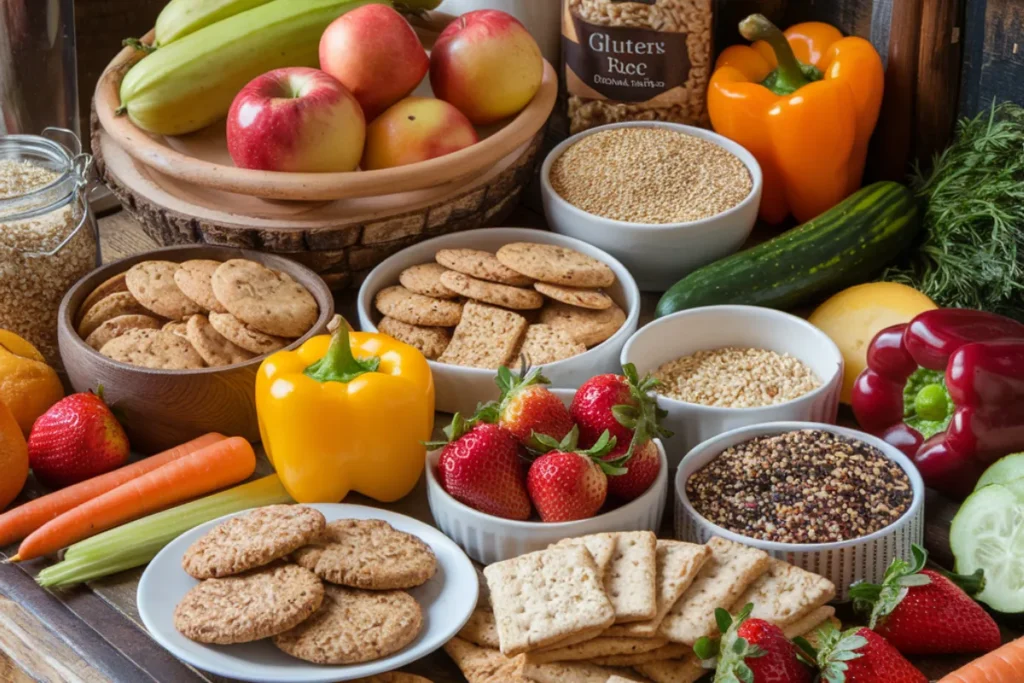 Assorted gluten-free foods including fruits, vegetables, and grains