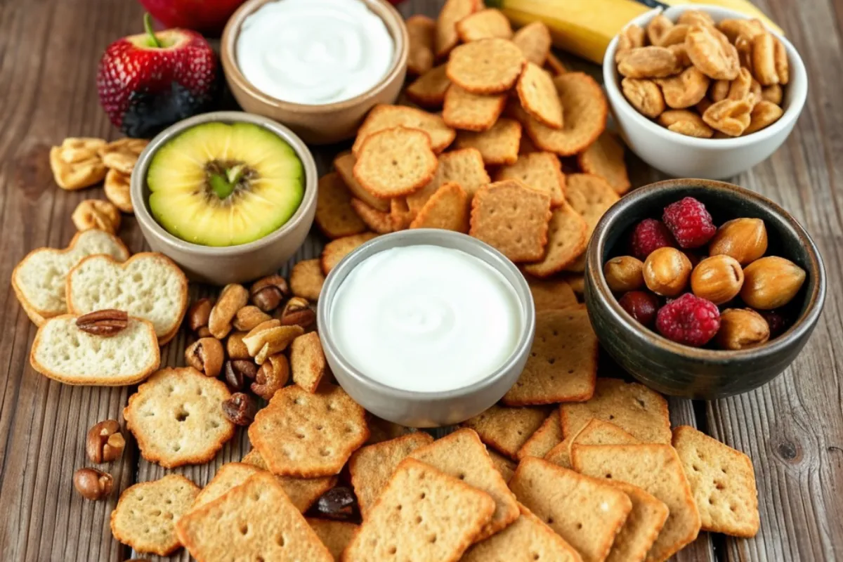 A variety of gluten-free snacks including fruits, nuts, gluten-free crackers, and yogurt displayed on a rustic wooden table.