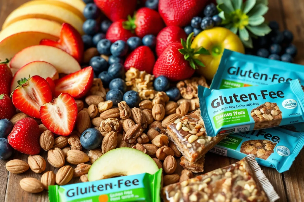 A colorful array of gluten-free snacks, including fresh fruits, mixed nuts, and a selection of gluten-free bars, arranged on a wooden table.