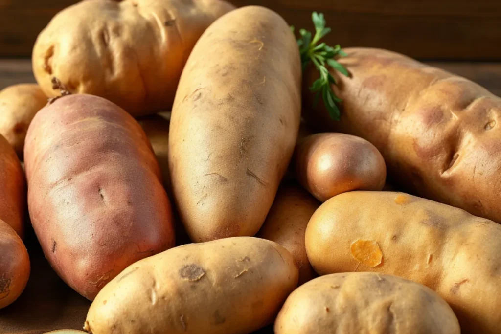 A variety of gluten-free potato dishes, including baked potatoes, mashed potatoes, and French fries.