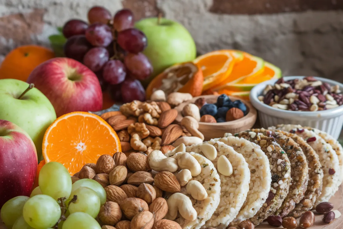 Assorted gluten-free snacks including fruit, nuts, and rice cakes