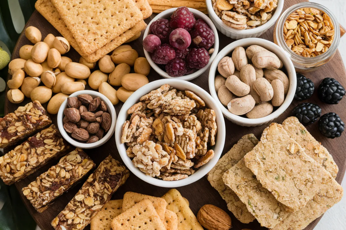 Assorted gluten-free snacks including fruit, nuts, and rice cakes