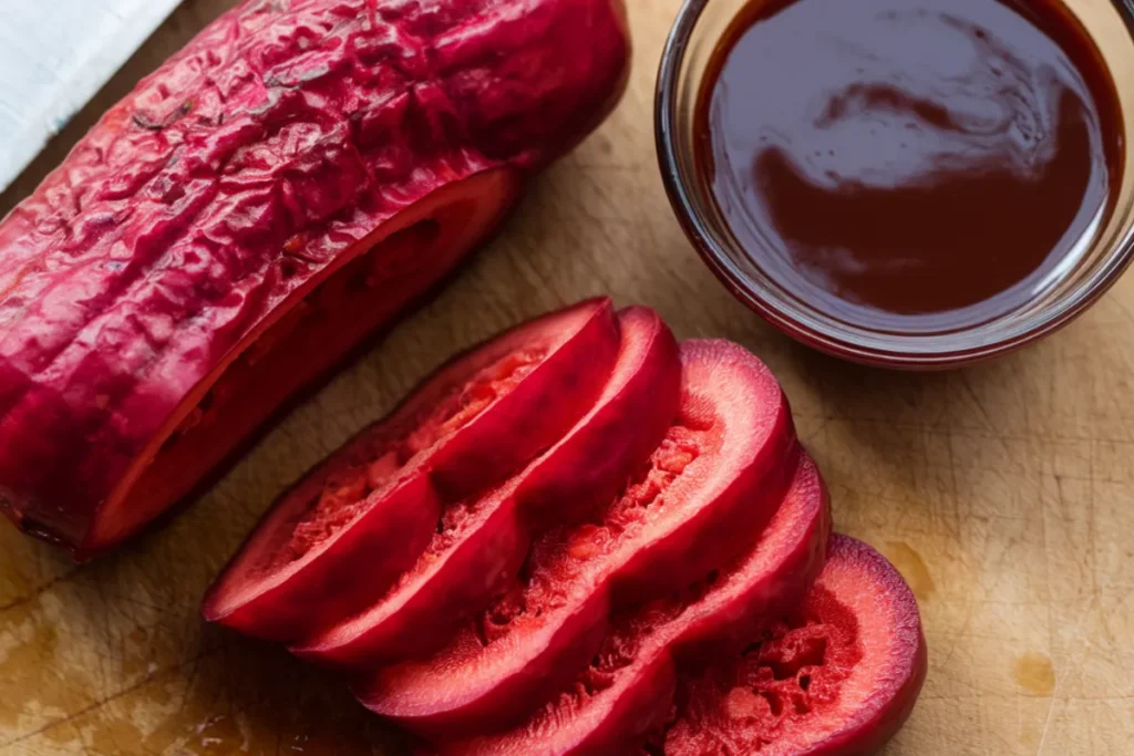 Chamoy Pickle sliced on a cutting board with chamoy sauce