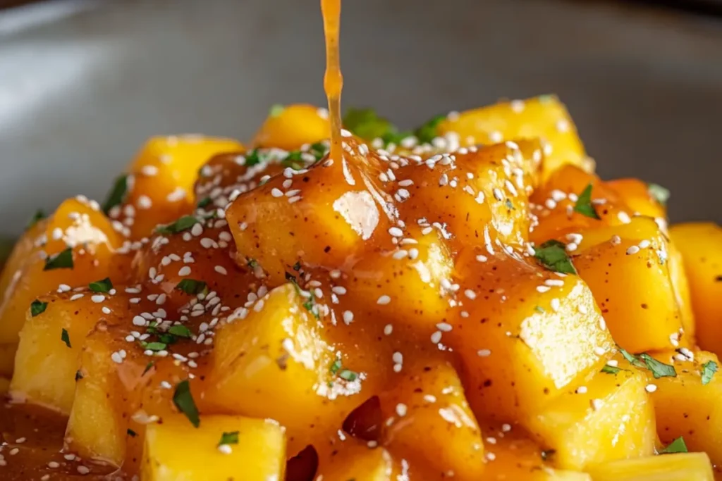 Chamoy sauce drizzled on fresh mango and pineapple with a sprinkle of Tajin