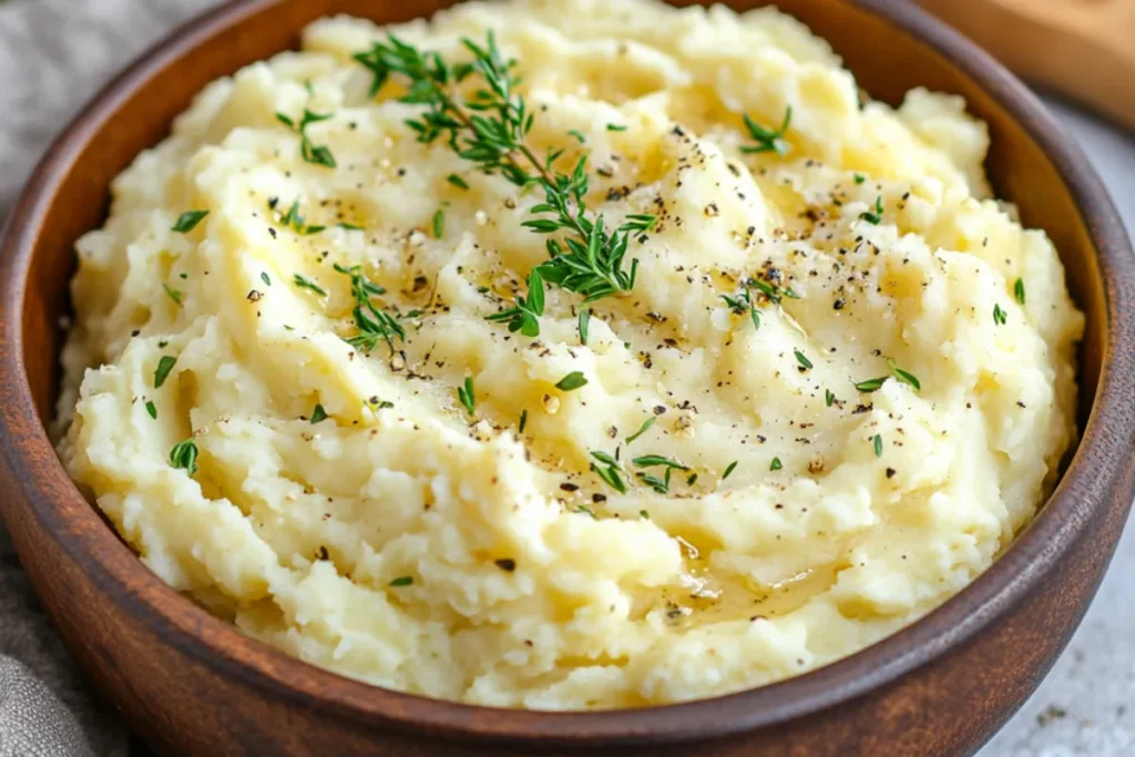 Gluten-free mashed potatoes in a bowl with herbs