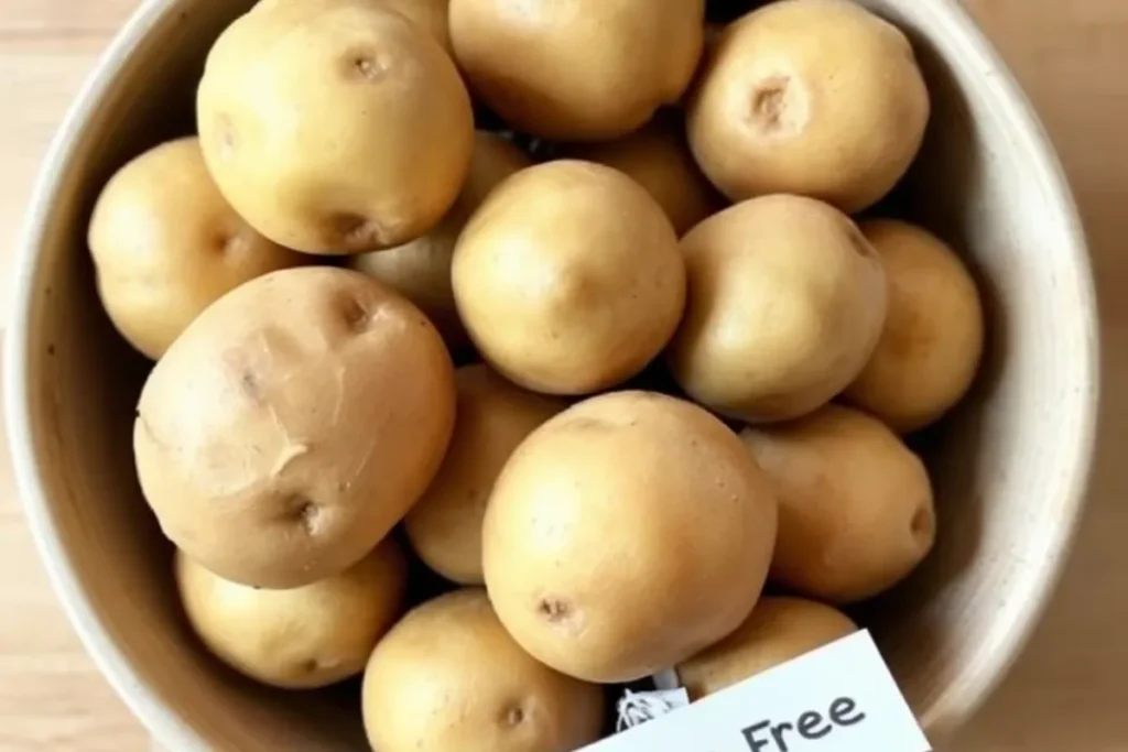 Potatoes in a bowl with a gluten-free label