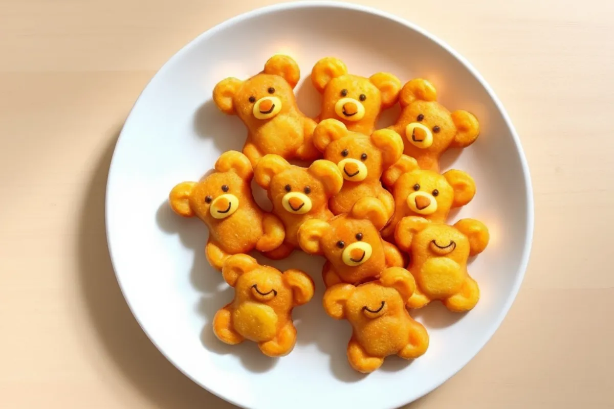 Teddy-shaped potato snacks on a plate