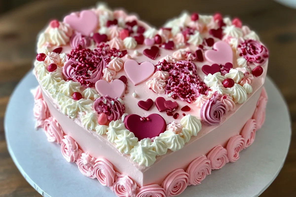 Heart-shaped cake decorated with buttercream frosting and sprinkles