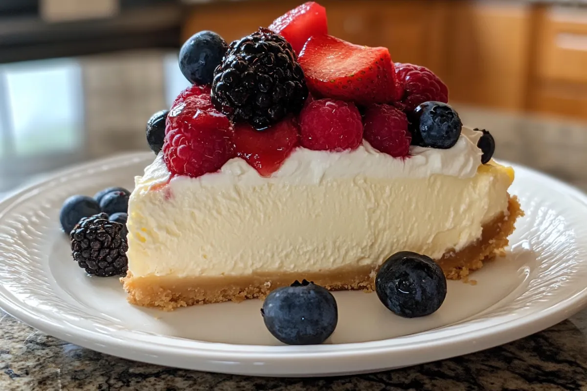 Cheesecake topped with fresh fruit and heavy cream