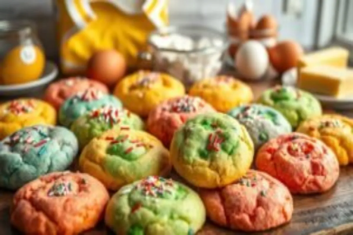 Variety of colorful cake mix cookies on a plate