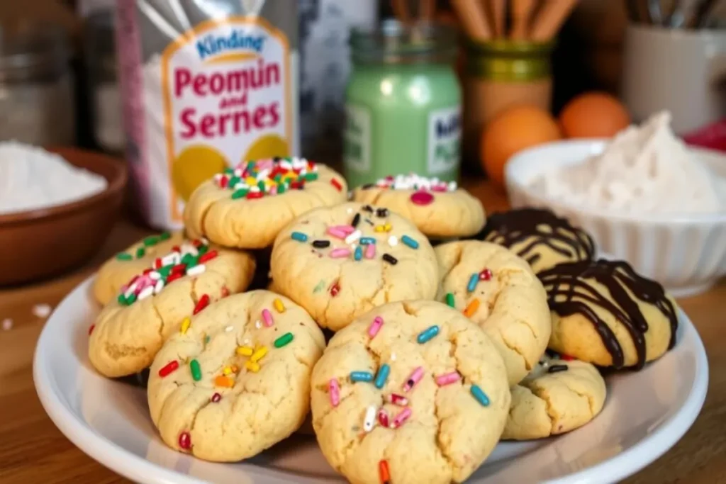 Variety of colorful cake mix cookies on a plate