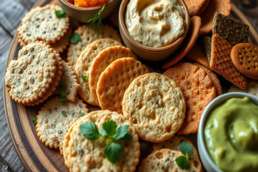 A selection of gluten-free crackers on a wooden platter with dips.