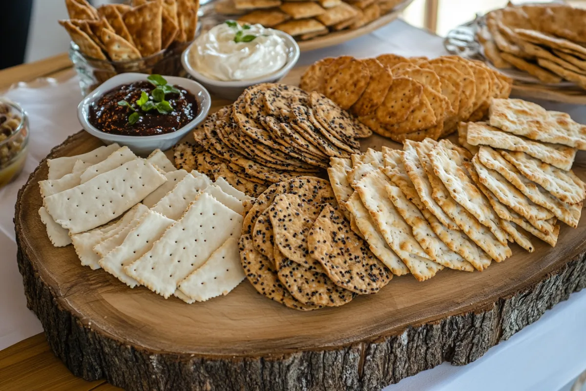 Assorted gluten-free crackers on a wooden platter