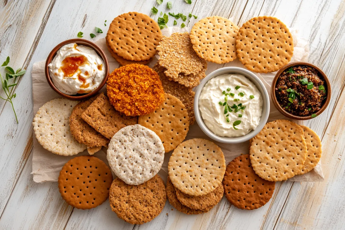 Assorted gluten-free crackers on a wooden platter