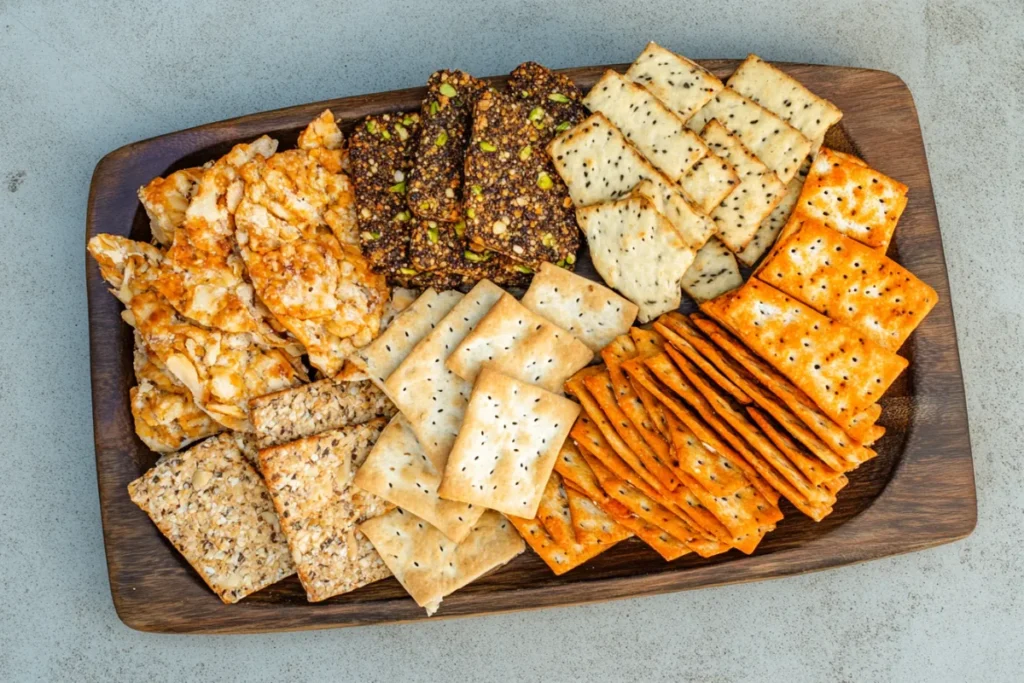 Gluten-free saltine crackers on a wooden board