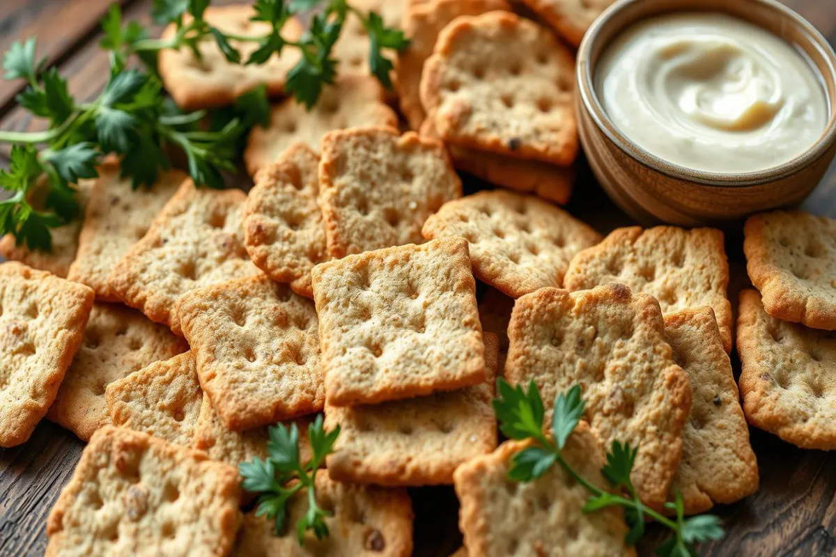 Gluten-free saltine crackers on a wooden board