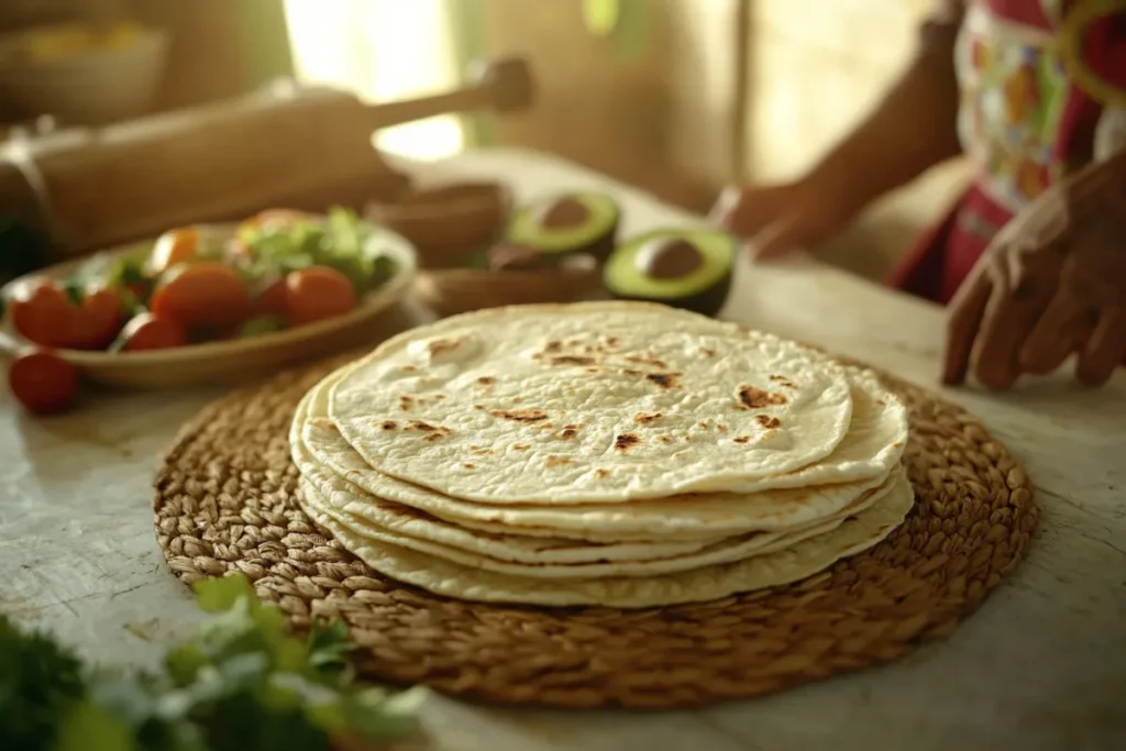 Fresh corn tortillas stacked on a wooden surface