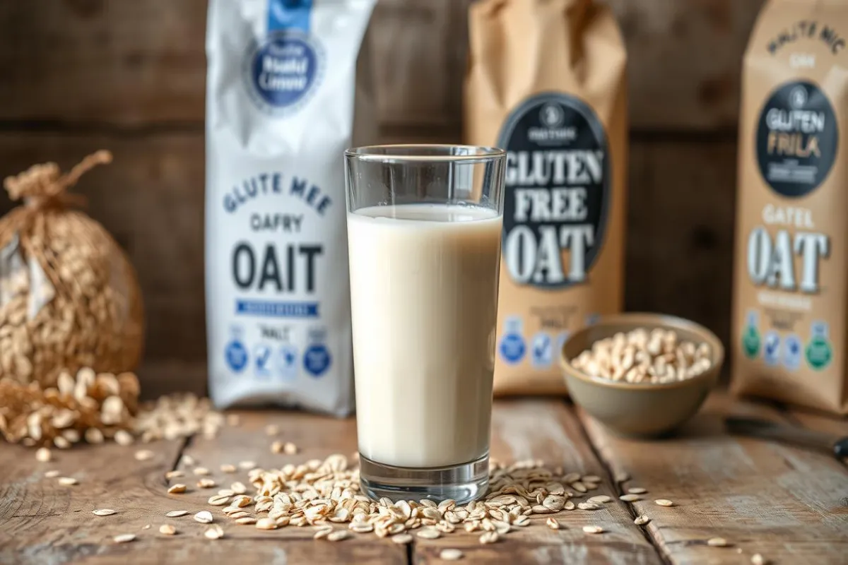 Oat milk in a glass with oats and a gluten-free label