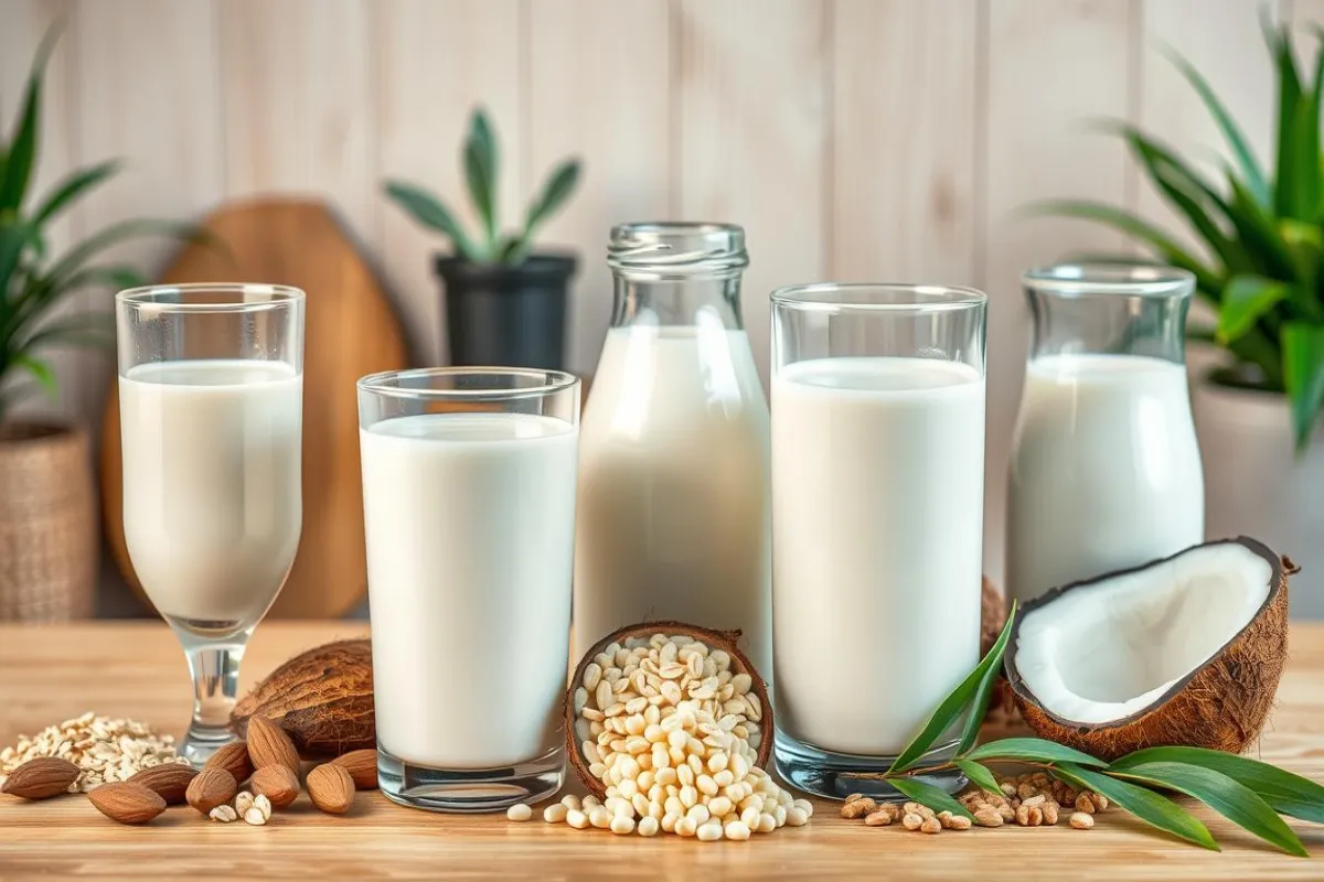 Oat milk in a glass with oats and a gluten-free label