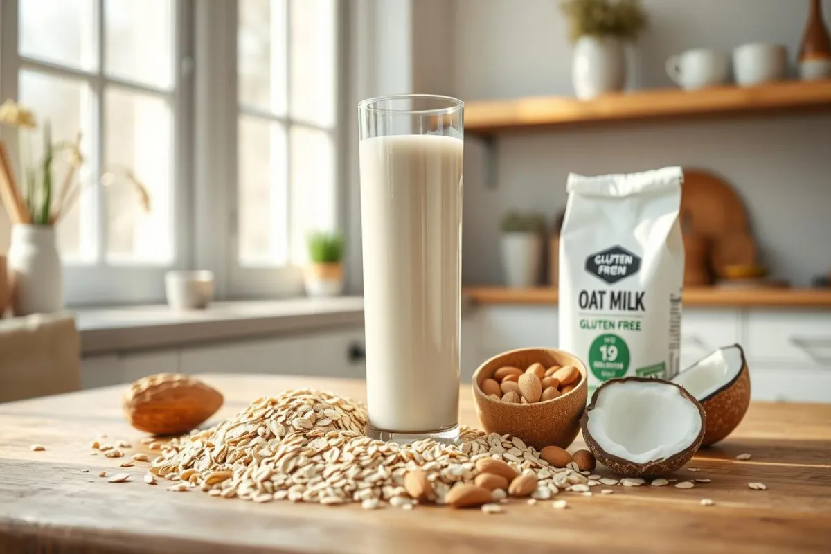 Oat milk in a glass with oats and a gluten-free label