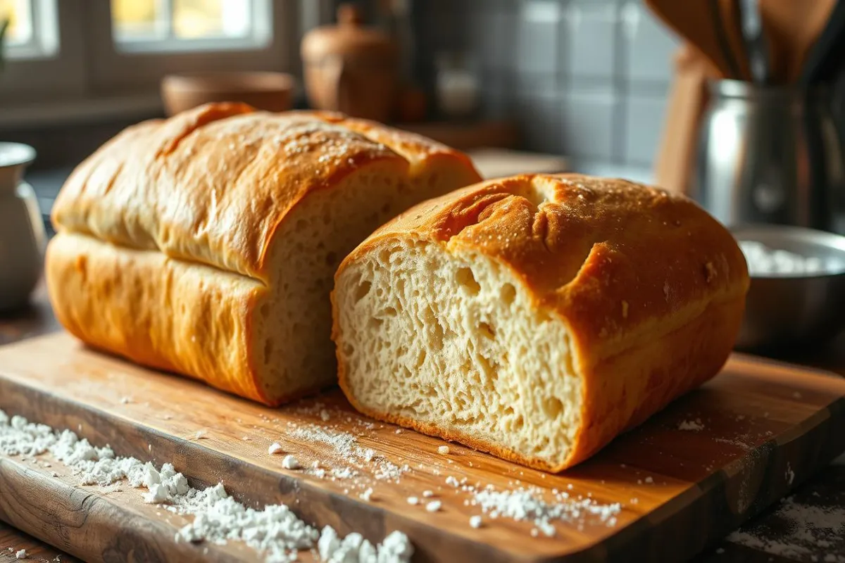 Freshly baked homemade sandwich bread on a wooden cutting board.