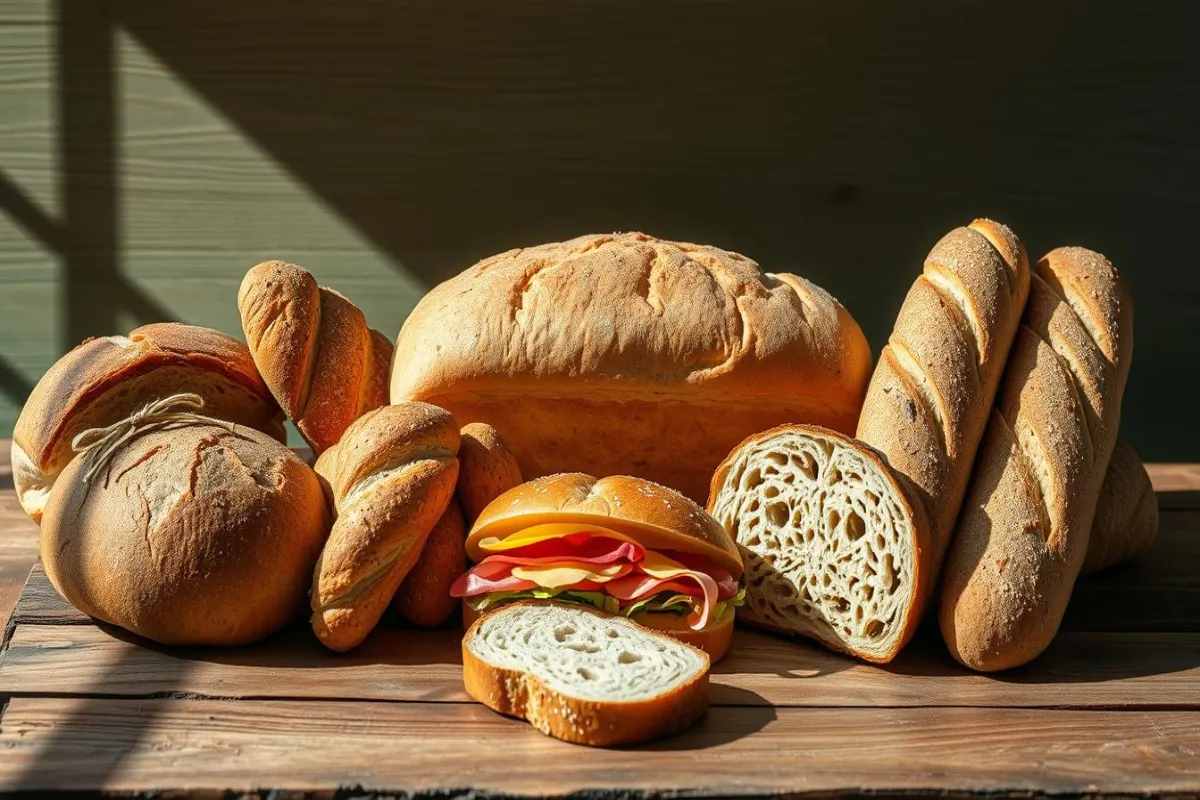 Assorted types of bread for making sandwiches, including white, whole wheat, and sourdough.