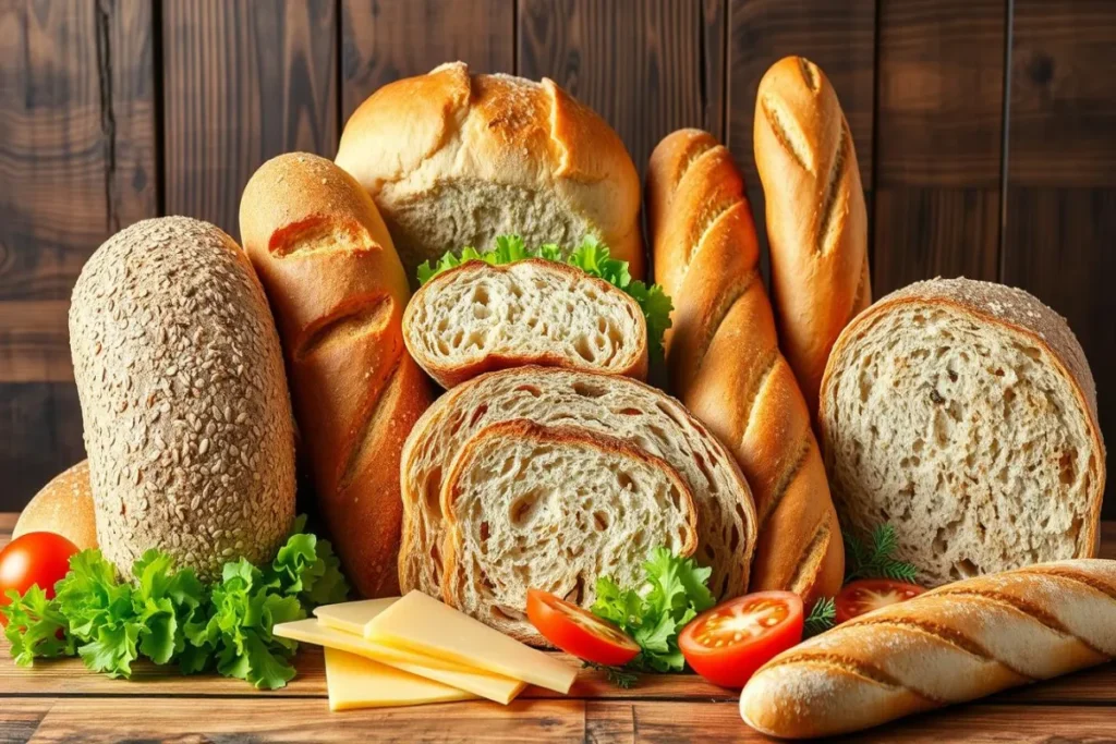 Assorted types of bread for making sandwiches, including white, whole wheat, and sourdough.