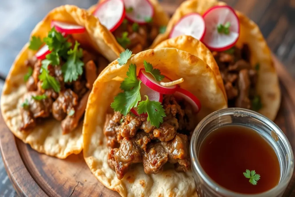 Close-up of freshly made birria bombs with tortillas, garnished with cilantro and lime.