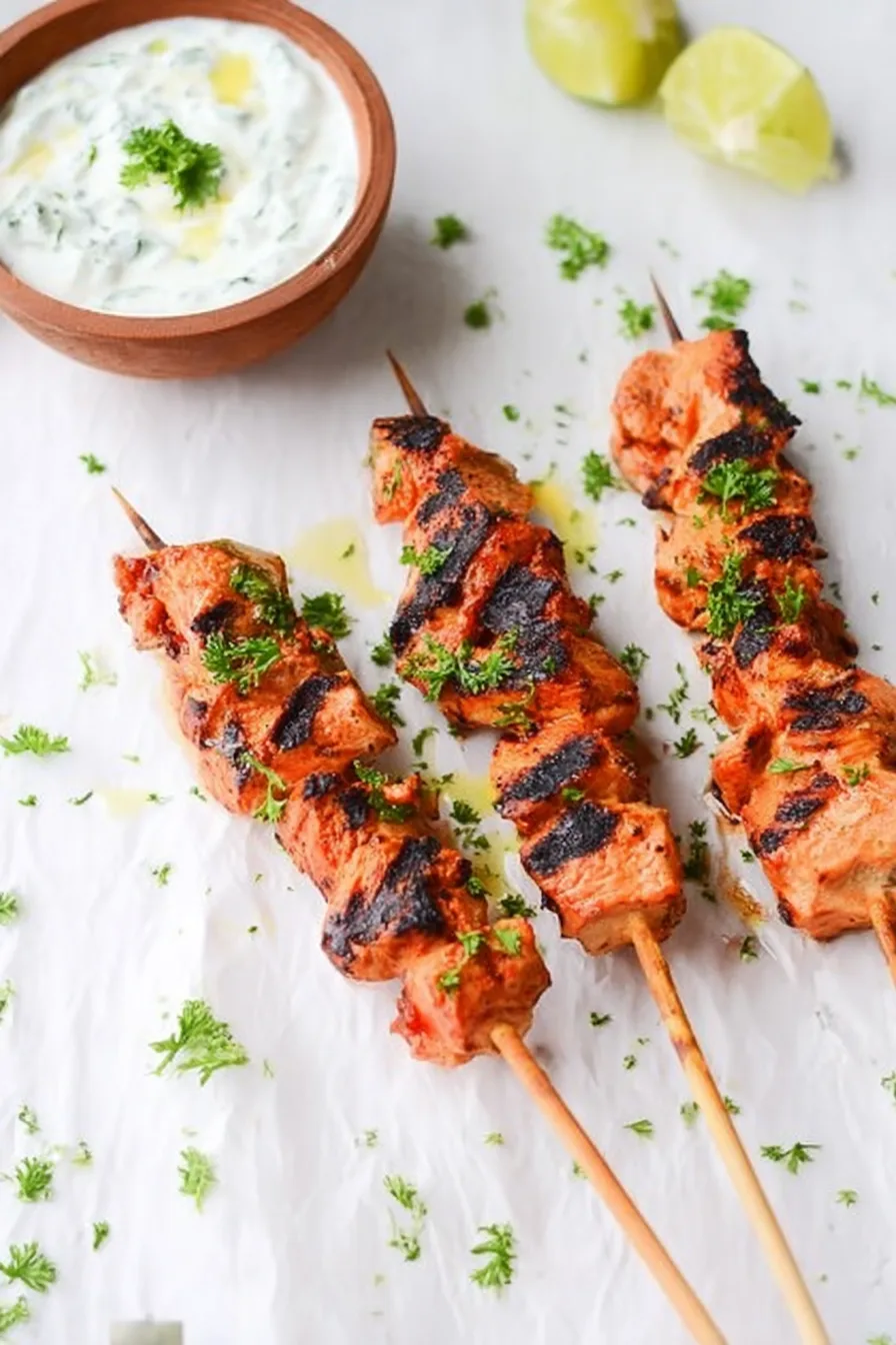 Chicken Skewers with Tangy Garlic Yogurt Dip