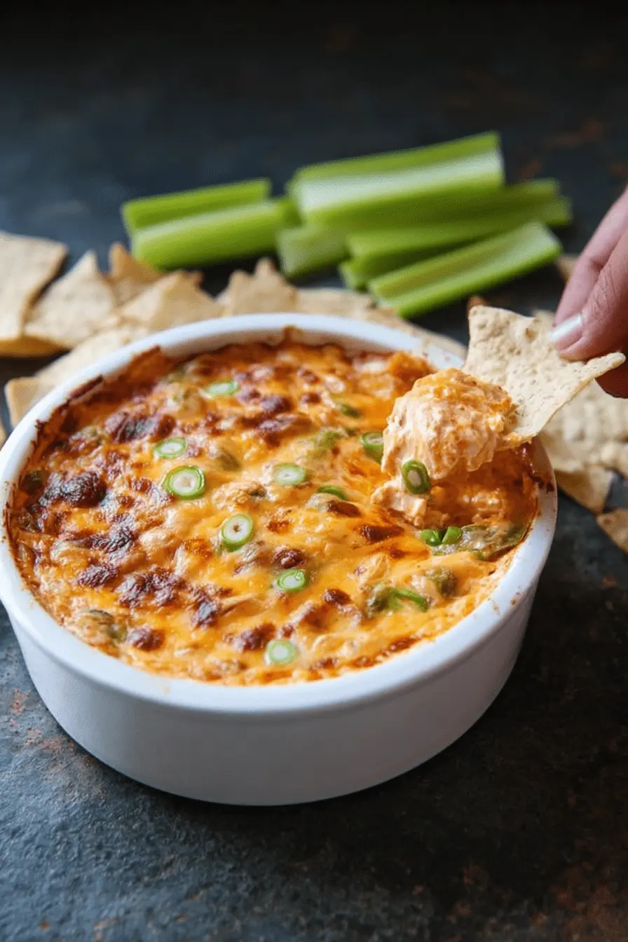 A hand scooping creamy, hot Buffalo Chicken Dip Crock Pot from a white baking dish with a tortilla chip.