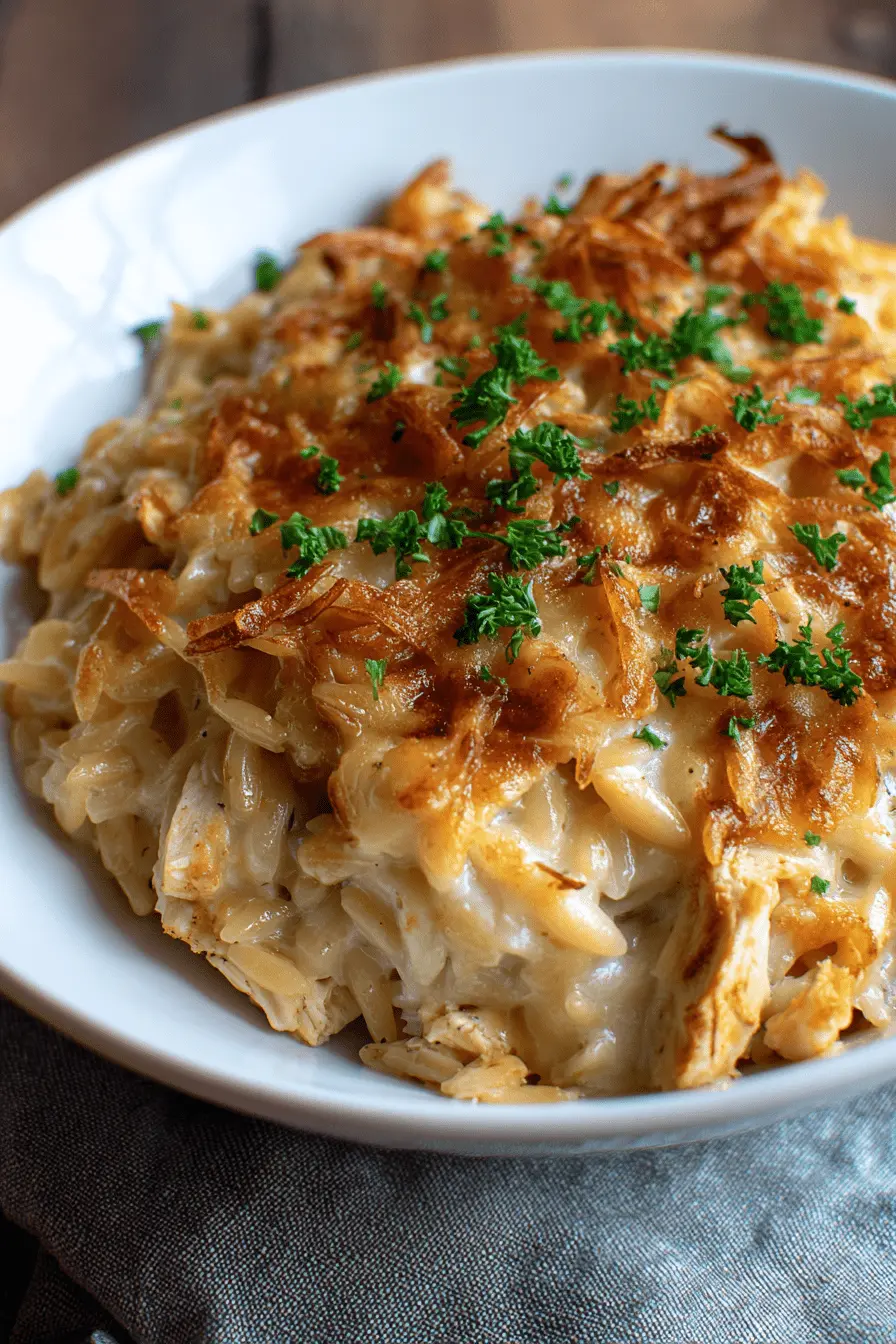 A close-up shot of a serving of French Onion Chicken Orzo Casserole in a white bowl, topped with a golden crust of crispy onions and fresh parsley.