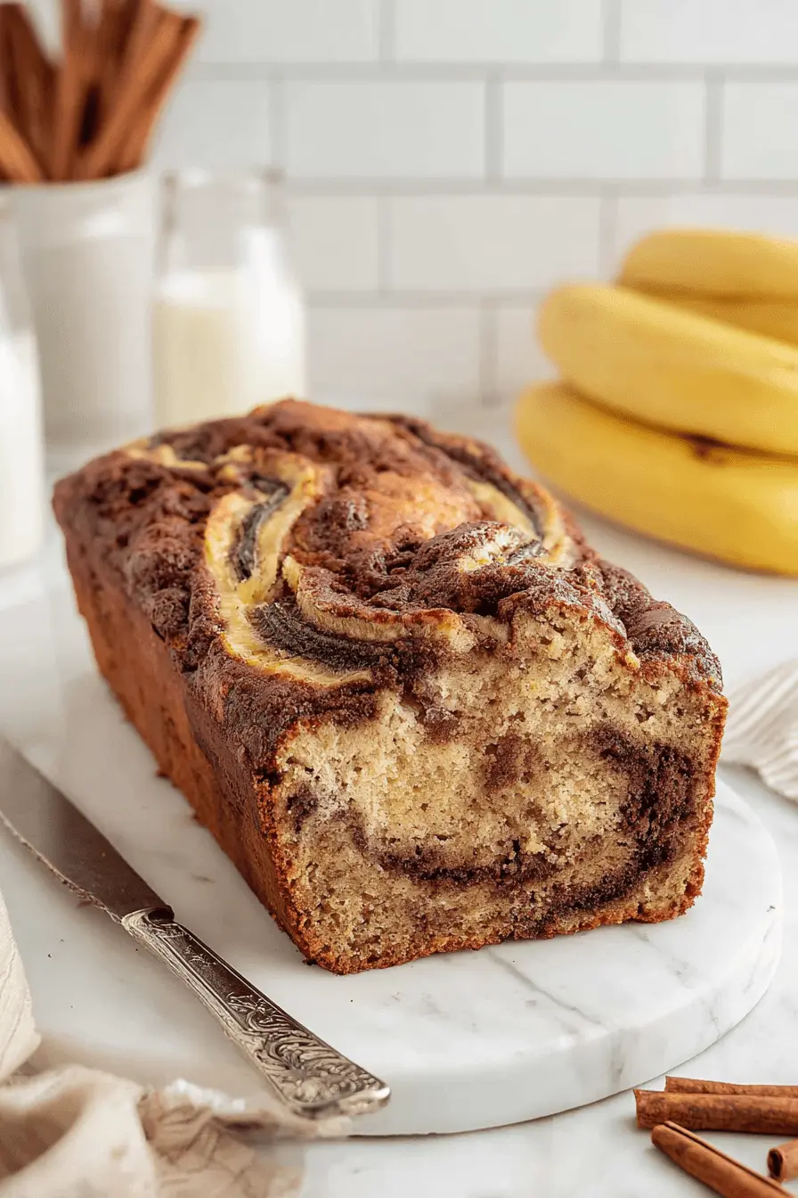 A freshly baked loaf of Homemade Cinnamon Swirl Banana Bread, partially sliced on a marble cutting board, revealing a moist interior and rich cinnamon swirls.