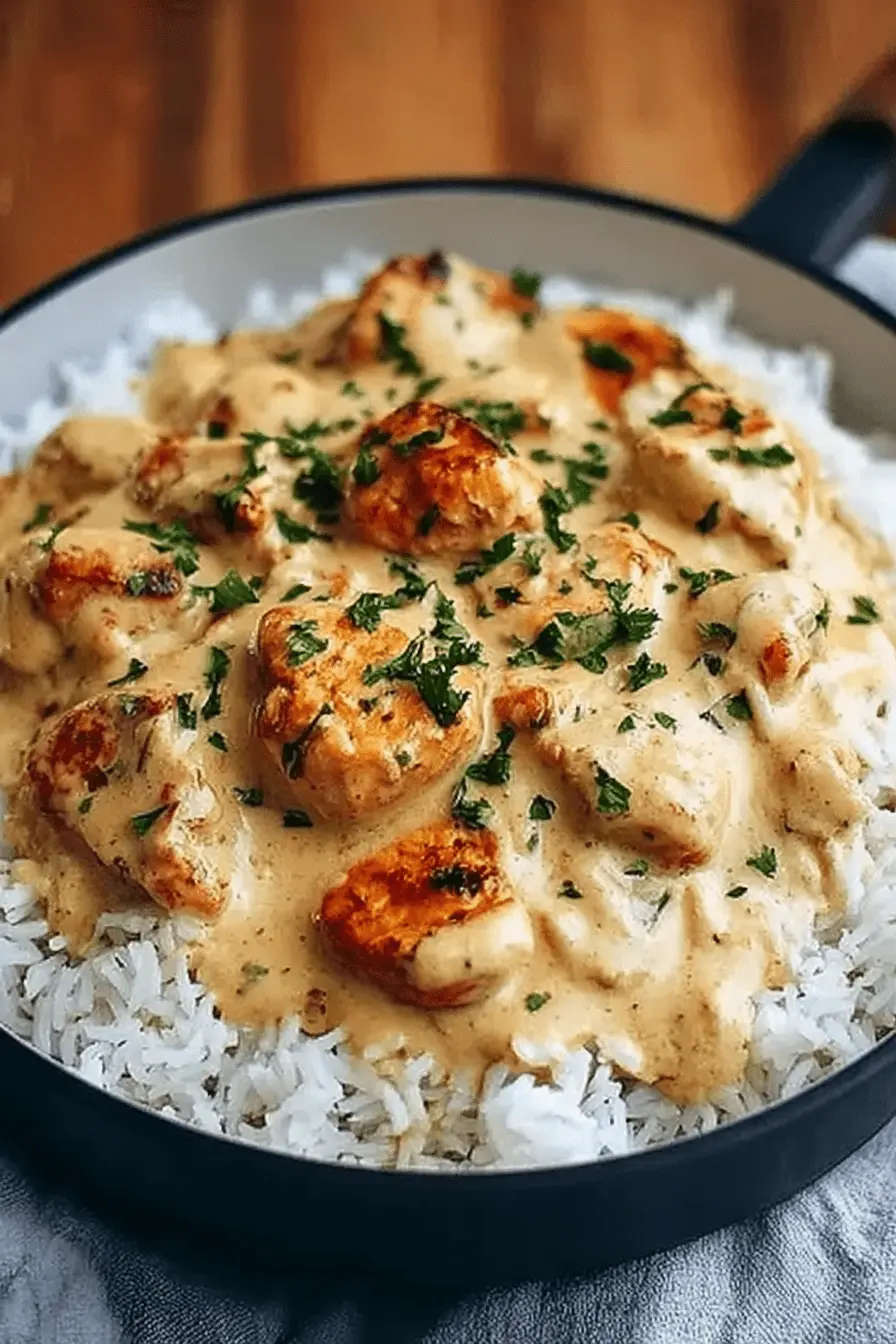 A skillet showing the final result of this easy dinner idea: how to make creamy smothered chicken and rice.