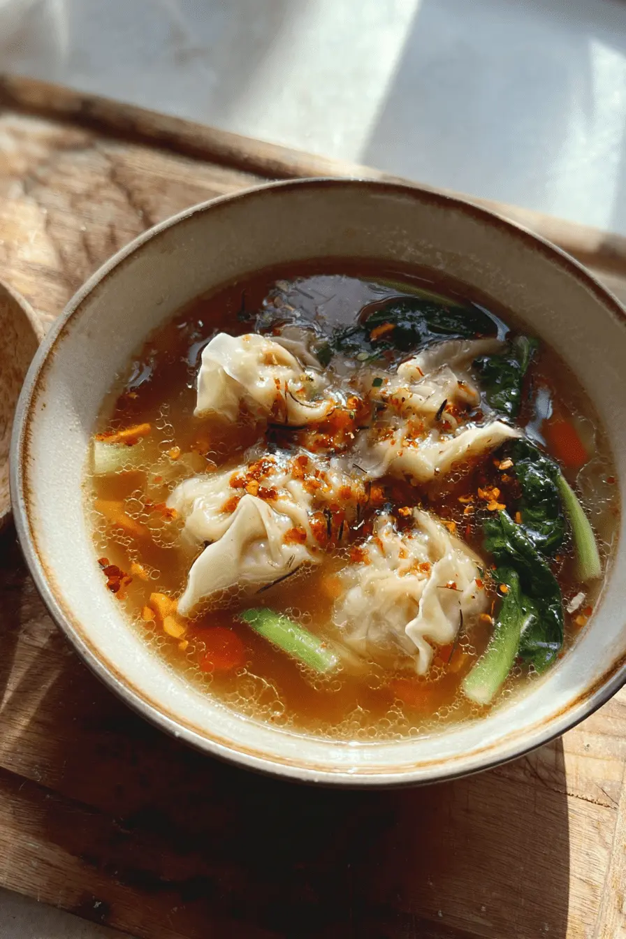 A steaming bowl of Quick and Delicious Potsticker Soup Under 30 Minutes, garnished with dumplings, chili flakes, and fresh vegetables on a rustic wooden table.
