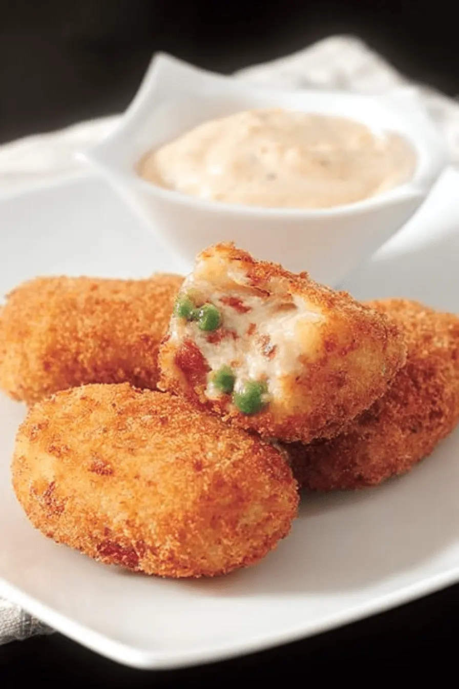 A close-up of golden-brown Smoky Paprika Potato Croquettes on a white plate, with one cut in half to reveal the creamy interior.