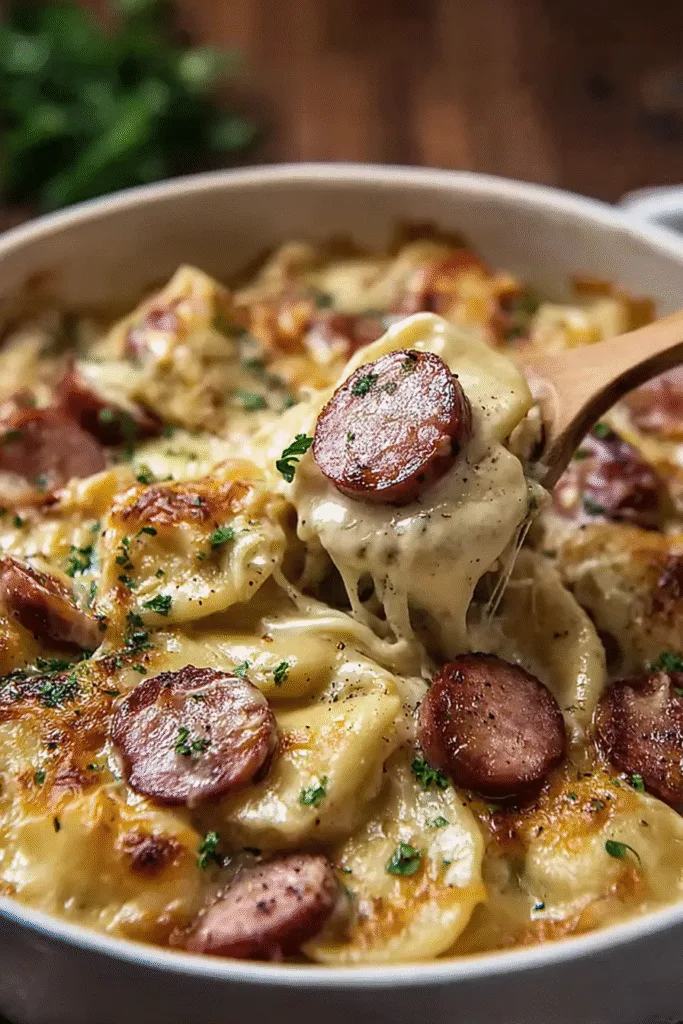 Cheesy Crockpot Pierogi Casserole With Kielbasa