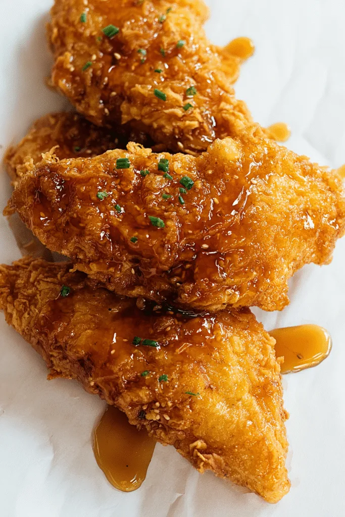 Crispy golden honey chicken tenders drizzled with sticky sweet honey sauce and garnished with fresh chopped chives