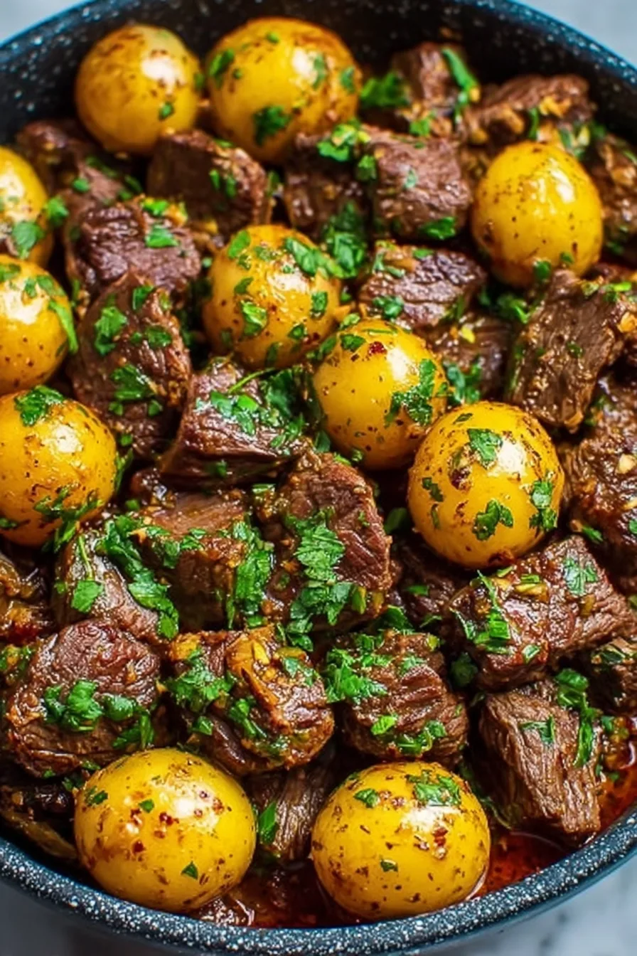 Slow Cooker Garlic Butter Beef Bites with Potatoes
