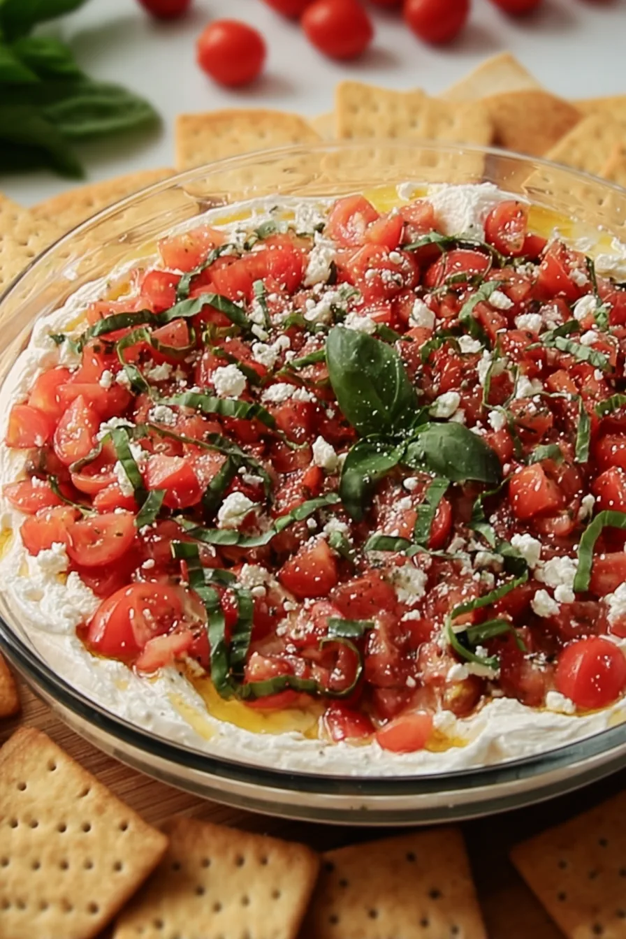 5-Minute Bruschetta Dip Easy Whipped Feta and Cream Cheese Appetizer